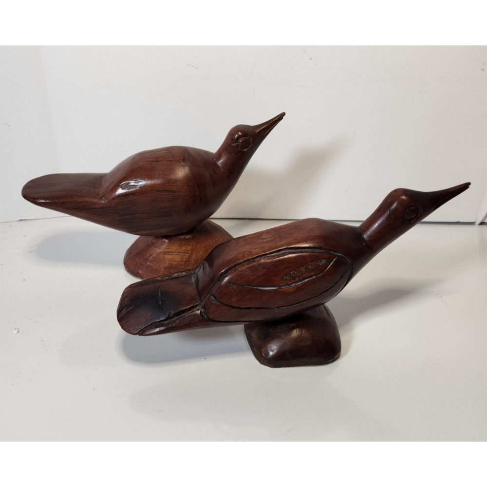 Vintage Wooden Hand Carved Bird or Duck Figurine MCM Dark Wood Long Beak Perched
